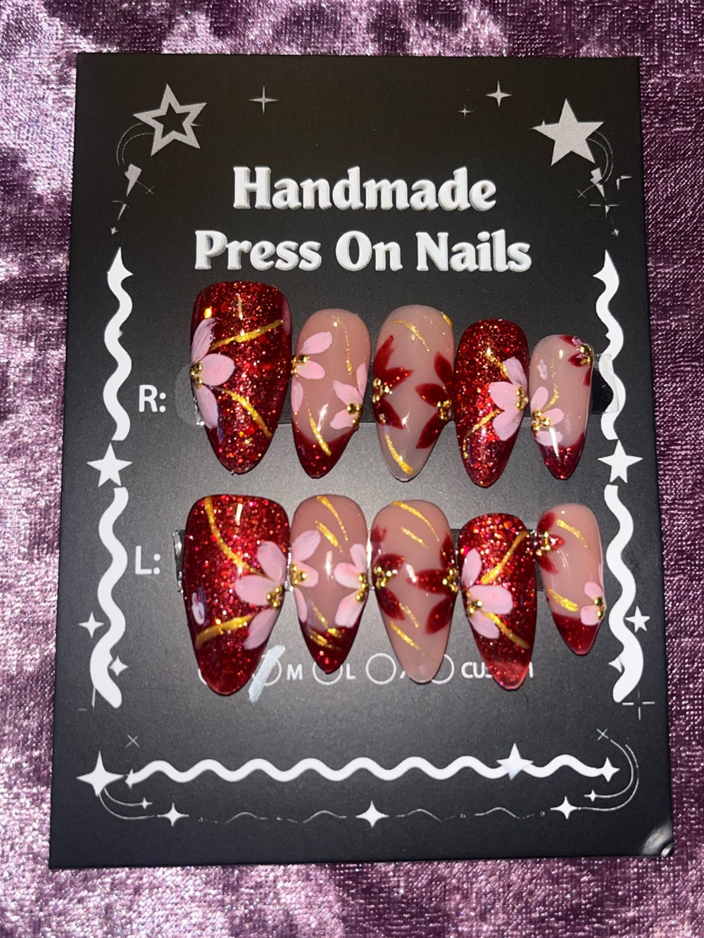 Handmade Red Glitter Floral Press-On Nails
